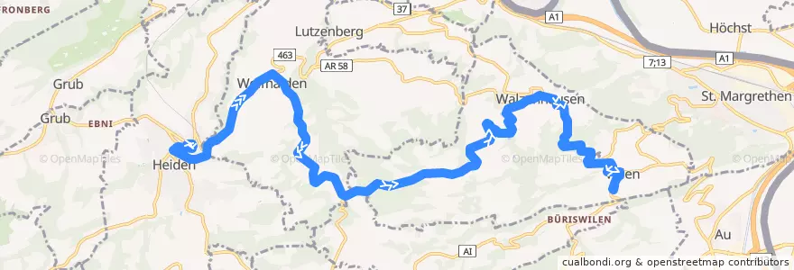 Mapa del recorrido Bus 225: Heiden => Platz, Wilen via Lachen, Walzenhausen de la línea  en Vorderland.