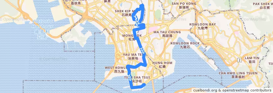 Mapa del recorrido Bus 203C (Tai Hang Tung → Tsim Sha Tsui East (Mody Road)) de la línea  en 가우룽.
