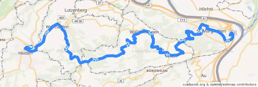 Mapa del recorrido Bus 225: Heiden => St. Margrethen via Lachen, Walzenhausen de la línea  en ザンクト・ガレン州.