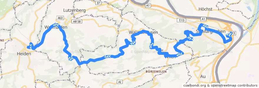 Mapa del recorrido Bus 225: St. Margrethen=> Heiden via Walzenhausen, Lachen de la línea  en Saint-Gall.