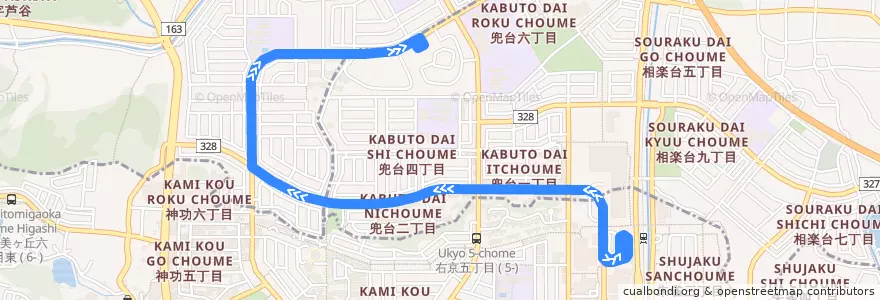 Mapa del recorrido 高の原駅 - 兜台五丁目 (Takanohara Station to Kabutodai 5-chome) de la línea  en 京都府.