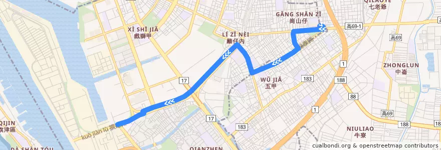 Mapa del recorrido 紅12(正線_往程) de la línea  en 前鎮区.