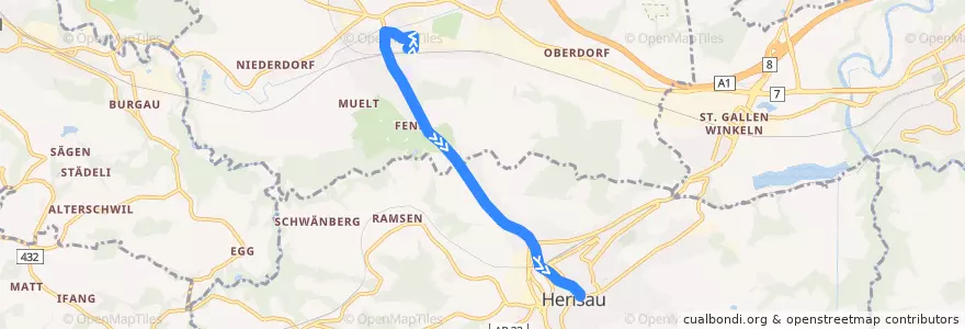 Mapa del recorrido Bus 152: Gossau SG - Herisau (Abendkurs) de la línea  en Sankt Gallen.