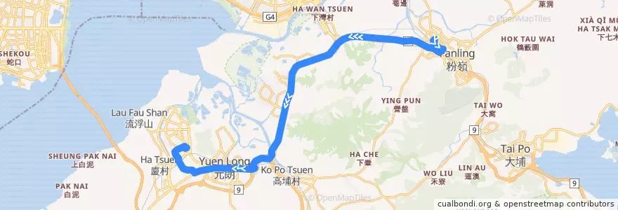 Mapa del recorrido 九巴276線 KMB 276 (上水 Sheung Shui → 天慈 Tin Tsz) de la línea  en 新界 New Territories.