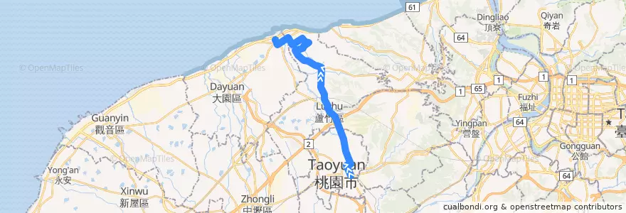 Mapa del recorrido 5016 桃園-竹圍 (經山腳) de la línea  en Taoyuan.