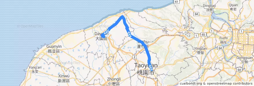 Mapa del recorrido 5015 桃園-大園 (經南崁) de la línea  en Taoyuan.