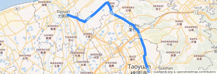 Mapa del recorrido 5023 桃園-大園 (經楊厝) (往程) de la línea  en Taoyuan.