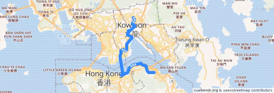 Mapa del recorrido Cross-harbour Bus 106A (Wong Tai Sin → Taikoo (Kornhill Plaza)) de la línea  en Novos Territórios.