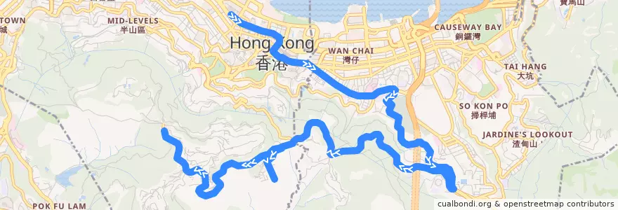 Mapa del recorrido Bus 15 (Central (Exchange Square) - The Peak) de la línea  en Hong Kong Island.