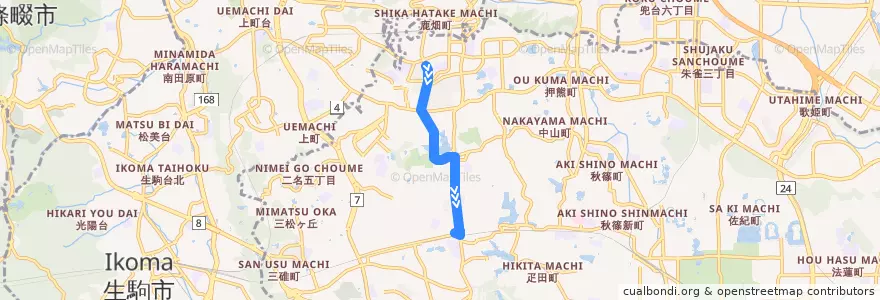 Mapa del recorrido 中登美ヶ丘四丁目 → 大渕橋 → 学園前駅（北） (Nakatomigaoka 4-chome to Gakuemmae Station via Obuchibashi) de la línea  en 奈良市.