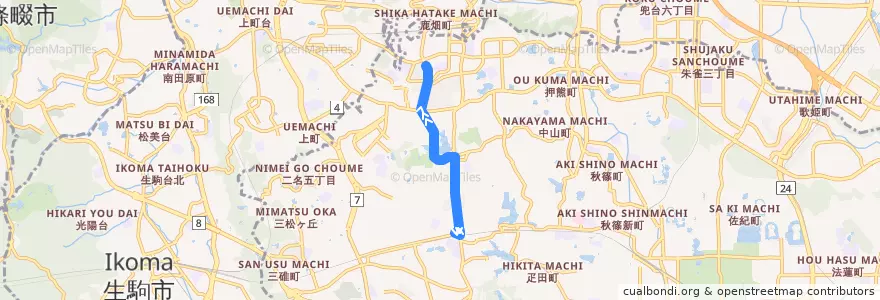 Mapa del recorrido 学園前駅（北） - 大渕橋 - 中登美ヶ丘四丁目（急行） (Gakuemmae Station to Nakatomigaoka 4-chome via Obuchibashi) de la línea  en Nara.