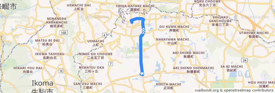 Mapa del recorrido 学園前駅（北） → 奈良学園登美ヶ丘 → 中登美ヶ丘四丁目(Gakuemmae Station to Nakatomigaoka 4-chome via Nara Gakuen Tomiogaoka) de la línea  en 奈良市.