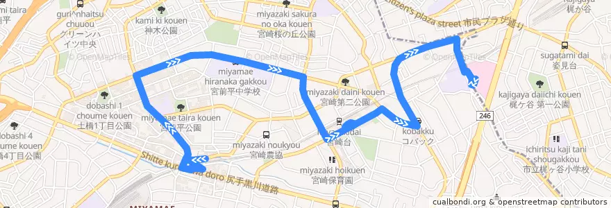 Mapa del recorrido 虎の門病院線 de la línea  en 宮前区.