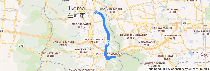 Mapa del recorrido 東生駒駅 - 小瀬保健福祉ゾーン (Higashi-ikoma Station to Oze Health and welfare Zone) de la línea  en Ikoma.