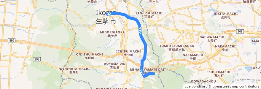 Mapa del recorrido 生駒駅南口 - 小瀬保健福祉ゾーン (Ikoma Station South Entrance to Oze Health and welfare Zone) de la línea  en 生駒市.
