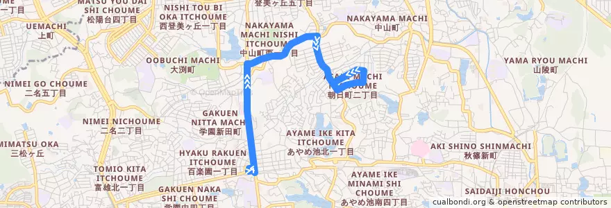 Mapa del recorrido 学園前朝日町循環 (Gakuemmae Asahi-cho Loop Line) de la línea  en 奈良市.