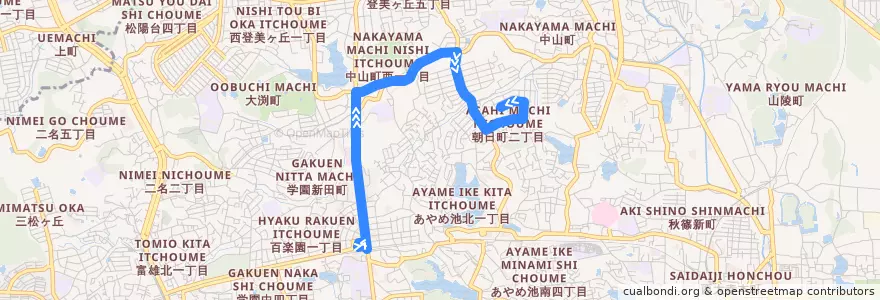 Mapa del recorrido 学園前駅（北） → 青葉公園 (Gakuemmae Station to Aoba Koen) de la línea  en 奈良市.