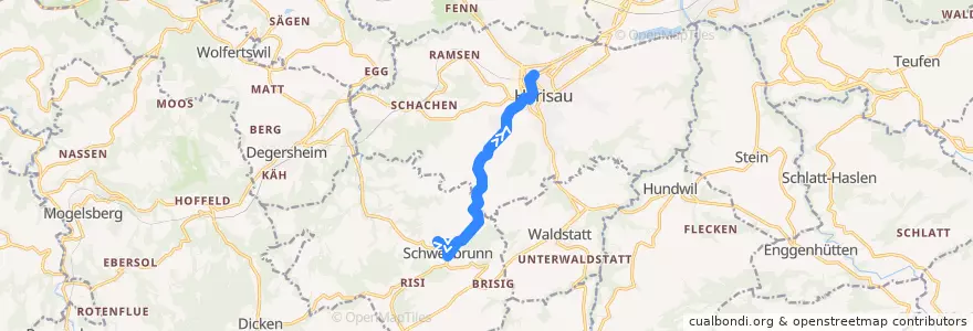 Mapa del recorrido Bus 171: Schwellbrunn, Sommertal => Herisau, Bahnhof de la línea  en Hinterland.