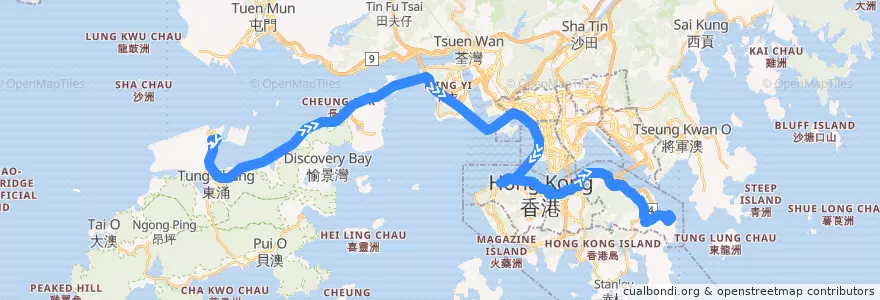 Mapa del recorrido 城巴機場快線A12線 Cityflyer A12 (機場 Airport → 小西灣（藍灣半島） Siu Sai Wan (Island Resort)) de la línea  en Wilayah Baru.