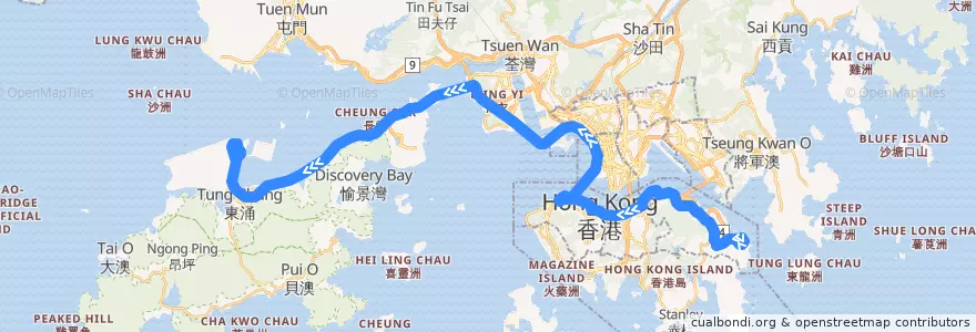 Mapa del recorrido 城巴機場快線A12線 Cityflyer A12 (小西灣（藍灣半島） Siu Sai Wan (Island Resort) → 機場 Airport) de la línea  en Wilayah Baru.