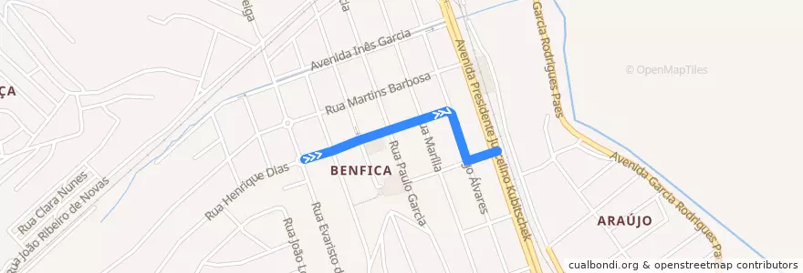 Mapa del recorrido Benfica de la línea  en Juiz de Fora.