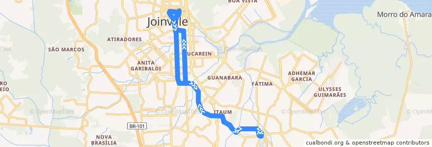 Mapa del recorrido Itaum/Centro via Anitápolis de la línea  en Joinville.