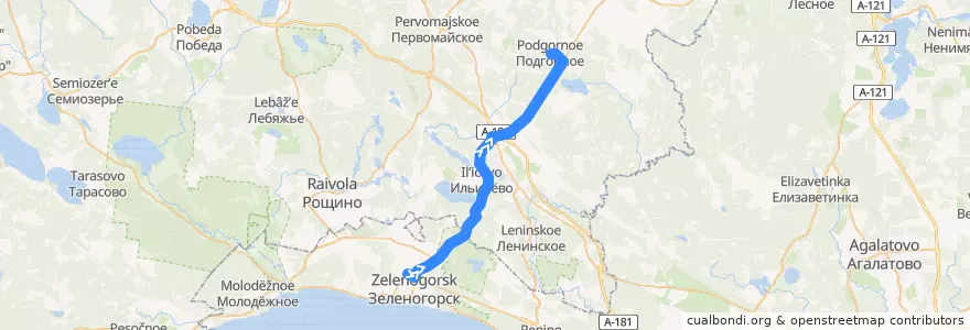 Mapa del recorrido Автобус № 404: Зеленогорск, вокзал => Подгорное de la línea  en Ленинградская область.