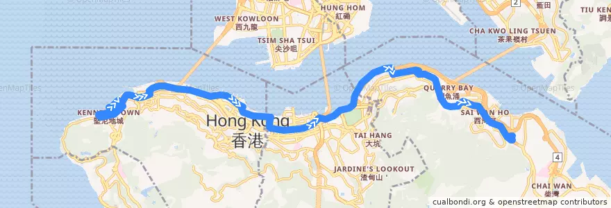 Mapa del recorrido Bus 18X (Kennedy Town (Belcher Bay) → Shau Kei Wan) de la línea  en Hong Kong.