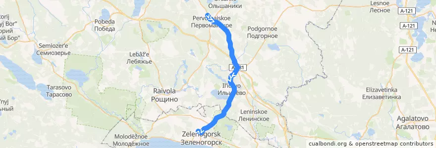 Mapa del recorrido Автобус № 410: Первомайское => Зеленогорск, вокзал de la línea  en Ленинградская область.