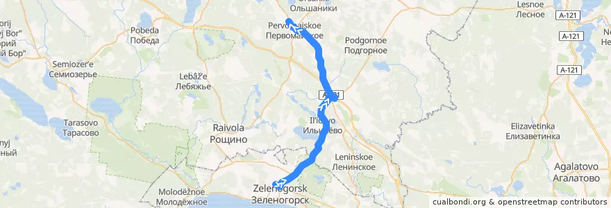 Mapa del recorrido Автобус № 410: Зеленогорск, вокзал => Первомайское de la línea  en レニングラード州.