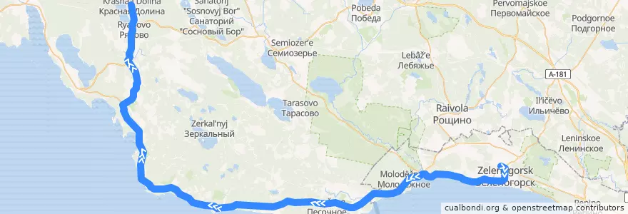 Mapa del recorrido Автобус № 420: Зеленогорск, вокзал => Красная долина de la línea  en 列宁格勒州.