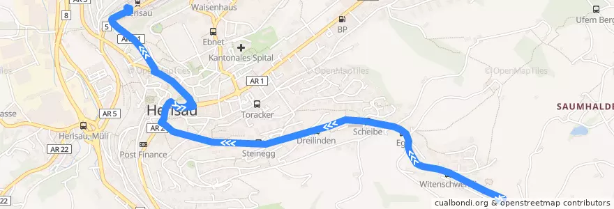 Mapa del recorrido Bus 176: Herisau, Rohren => Bahnhof de la línea  en Herisau.