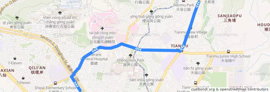 Mapa del recorrido 臺北市 紅19 天母-捷運石牌站 (往程) R19 Tianmu-MRT Shipai Sta. (forward) de la línea  en 北投區.