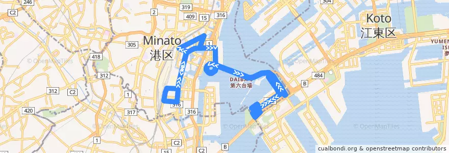 Mapa del recorrido お台場レインボーバス de la línea  en Minato.