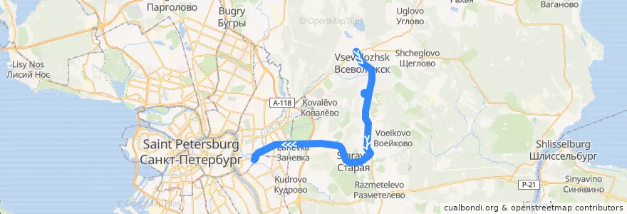 Mapa del recorrido Автобус № 531: Всеволожск, центральная районная больница => станция метро "Ладожская" de la línea  en Всеволожский район.