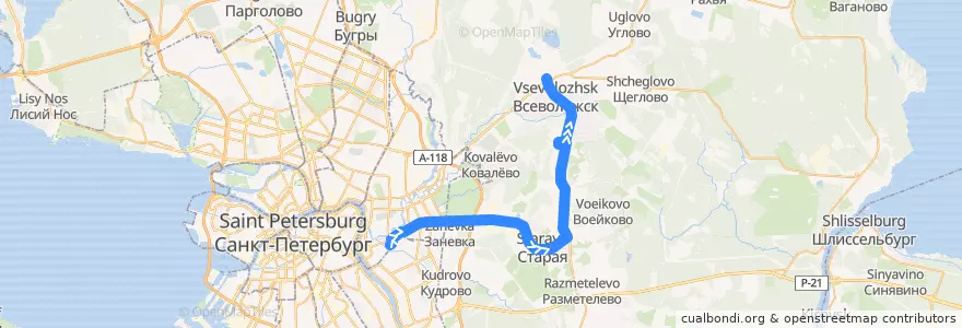 Mapa del recorrido Автобус № 531: станция метро "Ладожская" => Всеволожск, центральная районная больница de la línea  en Всеволожский район.