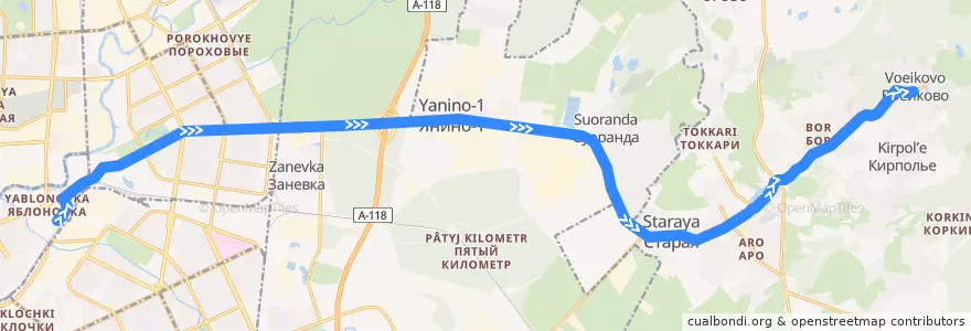 Mapa del recorrido Автобус № 532: станция метро "Ладожская" => Воейково de la línea  en Ленинградская область.