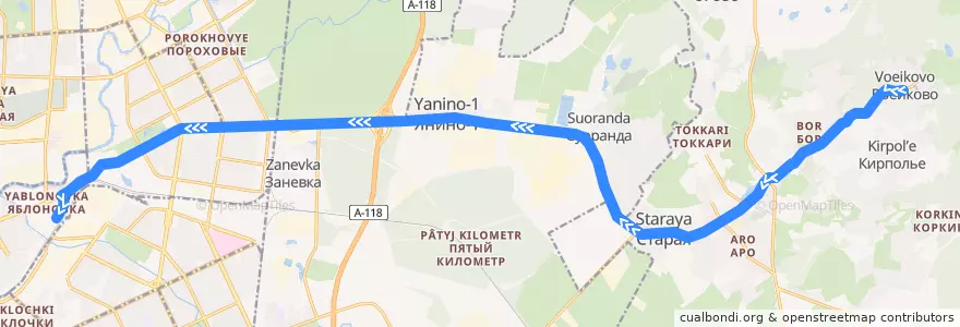 Mapa del recorrido Автобус № 532: Воейково => станция метро "Ладожская" de la línea  en Ленинградская область.