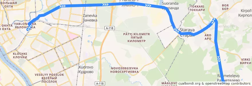 Mapa del recorrido Автобус № 533: станция метро "Ладожская" => Разметелево de la línea  en Ленинградская область.