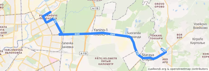 Mapa del recorrido Автобус № 534: Павлово => Санкт-Петербург, Пороховые de la línea  en Óblast de Leningrado.