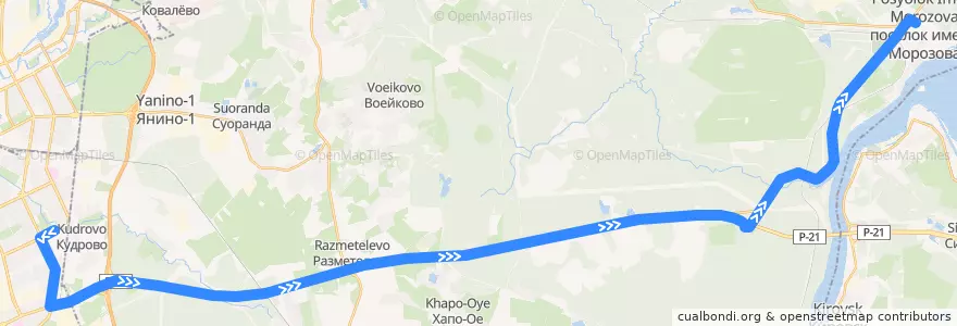 Mapa del recorrido Автобус № 511: Санкт-Петербург, улица Дыбенко => посёлок имени Морозова de la línea  en Всеволожский район.