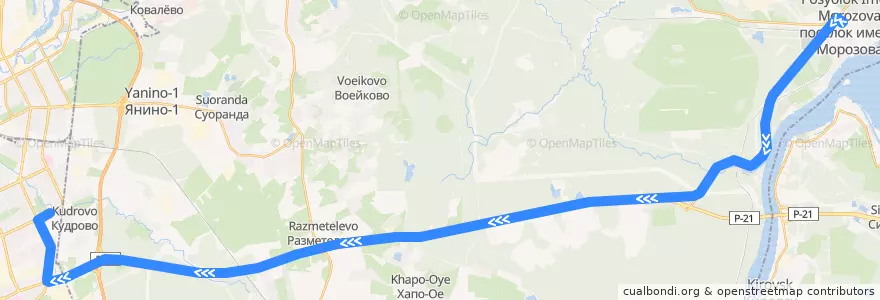 Mapa del recorrido Автобус № 511: посёлок имени Морозова => Санкт-Петербург, улица Дыбенко de la línea  en Всеволожский район.