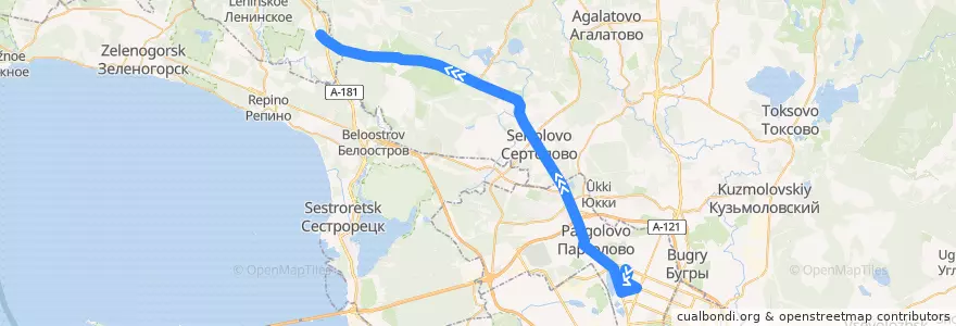 Mapa del recorrido Автобус № 555: Санкт-Петербург, улица Жени Егоровой => 45-й километр de la línea  en Oblast Leningrad.