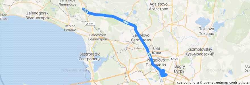 Mapa del recorrido Автобус № 555: 45-й километр => Санкт-Петербург, улица Жени Егоровой de la línea  en Ленинградская область.