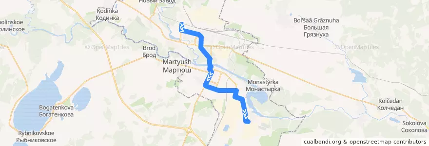 Mapa del recorrido Автобус 14: Городская больница №2 – п. Чкалова de la línea  en городской округ Каменск-Уральский.