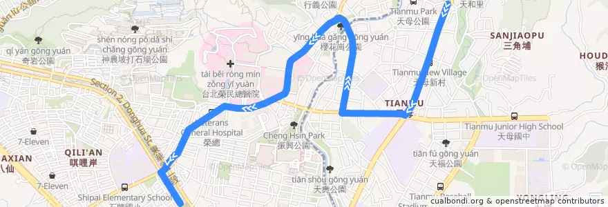 Mapa del recorrido 臺北市 224 天母-捷運石牌站 (往程) de la línea  en 北投區.