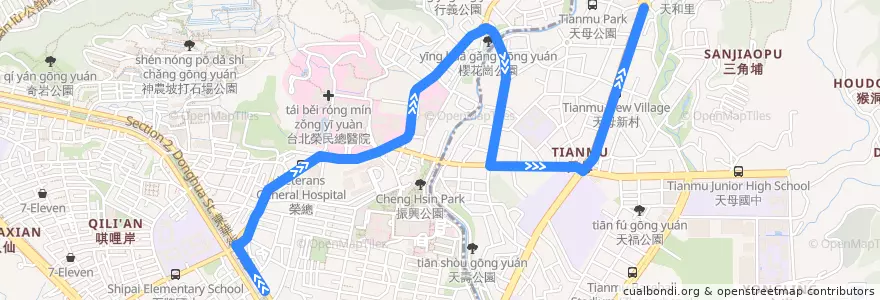 Mapa del recorrido 臺北市 224 天母-捷運石牌站 (返程) de la línea  en 北投區.