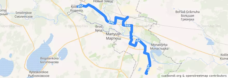 Mapa del recorrido Автобус 16: Кодинка – Слесарей de la línea  en городской округ Каменск-Уральский.