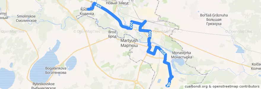 Mapa del recorrido Автобус 16: Слесарей – Кодинка de la línea  en городской округ Каменск-Уральский.