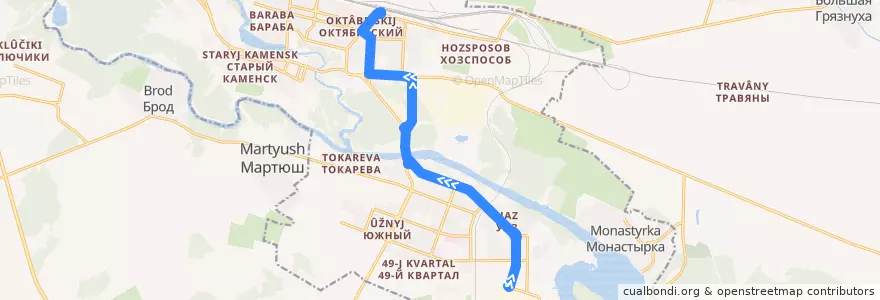 Mapa del recorrido Автобус 9: Заводоуправление УАЗа – Вокзал de la línea  en городской округ Каменск-Уральский.